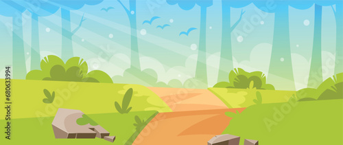 Cartoon Nature Landscape, Path Under Blue Sky With Fluffy Clouds, Scenery Background For Game. Rural Dirt Road