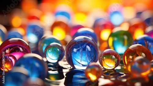  a group of colorful glass marbles sitting on top of a table next to a wall of other colored glass marbles on top of a counter top of a table.