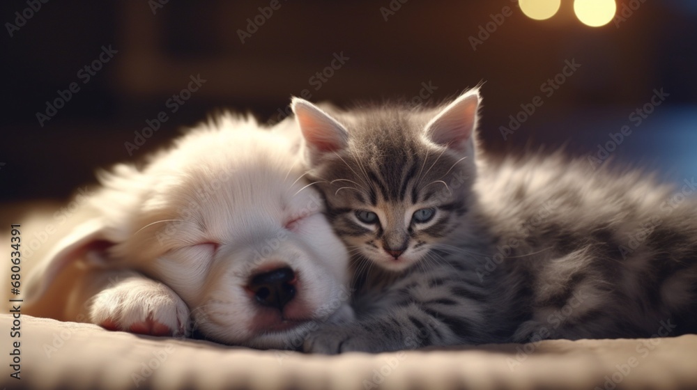 Adorable puppy and kitten lying together in a loving.Generative AI