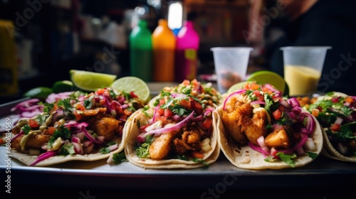  a group of tacos sitting on top of a pan filled with meat and veggies on top of a table next to a glass of a bottle of juice.