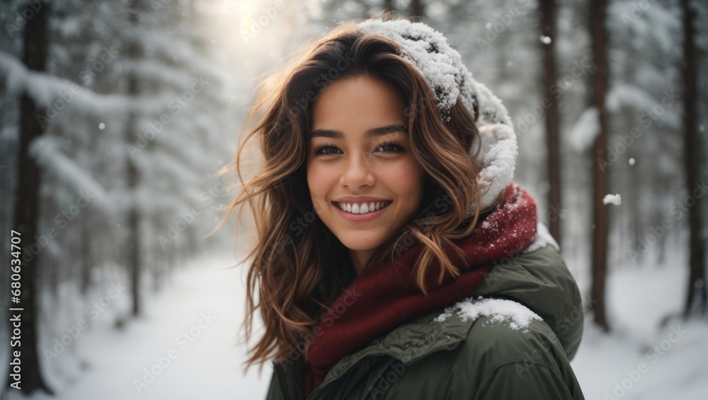 A young girl runs down the street in winter A young girl runs down the street in winter