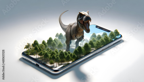 Scène surréaliste : Dinosaure Tyrannosaure - Rex géant dans un paysage forestier qui sort d'un téléphone photo