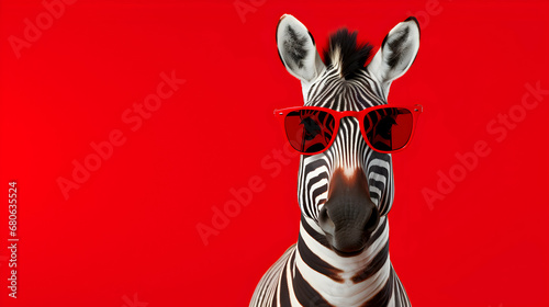 Zebra wearing sunglasses isolated on red background