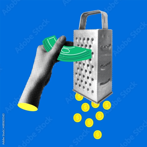 Inflation concept. Money devaluation. Modern collage with halftone hand, kitchen grater, money and coins. Financial difficulties. Turning paper money into small change. Losing money in business