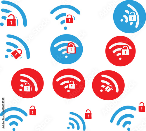 wi icon wireless network icon set. Set Of Blue Wifi with red alert disconnect not working Icon Vector 
