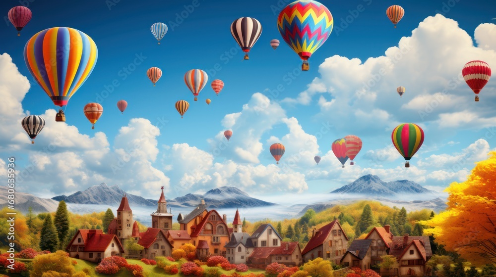 Fototapeta premium a painting of many hot air balloons flying in the sky over a town with a mountain range in the background and a blue sky with clouds and a few white clouds.