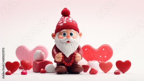  a figurine of a gnome sitting in front of valentine's hearts on a white background with a red hat on his head and a red scarf around his neck.