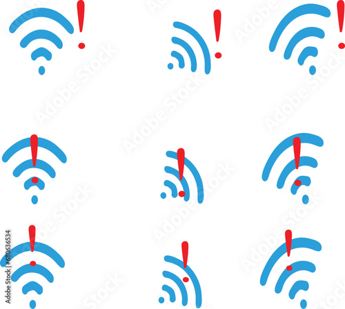 wi icon wireless network icon set. Set Of Blue Wifi with red alert disconnect not working Icon Vector 
