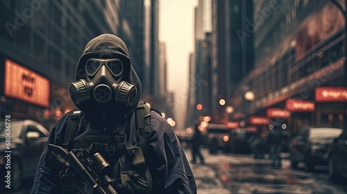 Man wearing a gas mask apocalypse standing in the middle of the city