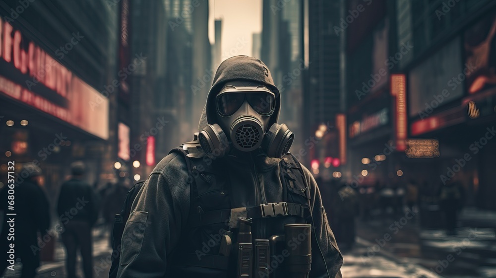 Man wearing a gas mask apocalypse standing in the middle of the city Man wearing a gas mask apocalypse standing in the middle of the city