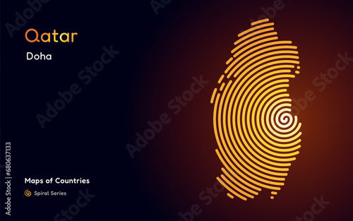 Abstract gold map of Qatar with circle lines. identifying its capital city, Doha. Spiral fingerprint series