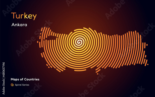 Abstract gold map of Turkey with circle lines. identifying its capital city, Ankara. Spiral fingerprint series photo