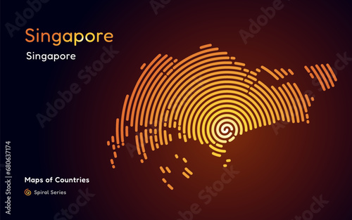 Abstract gold map of Singapore with circle lines. identifying its capital city. Spiral fingerprint series