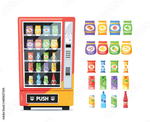 Vending Machine With Colorful Buttons And Lights, Offers An Array Of Tempting Snacks And Beverages, Neatly Arranged