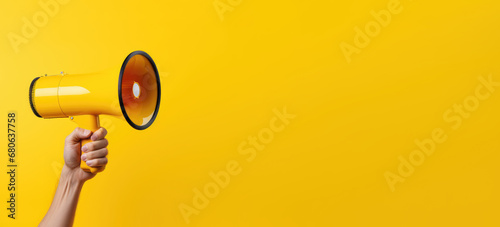 person's hand gripping a megaphone against a yellow background