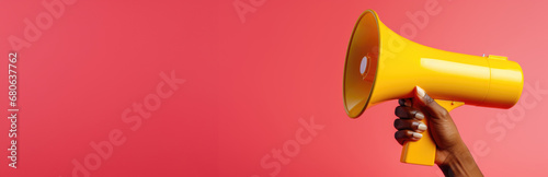 person's hand gripping a megaphone against a pink background photo