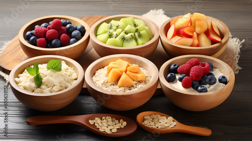 Bowls of oatmeal with mixed berries and fruits on wooden serving tray. Ingredients in the Portfolio Diet. Copy space.