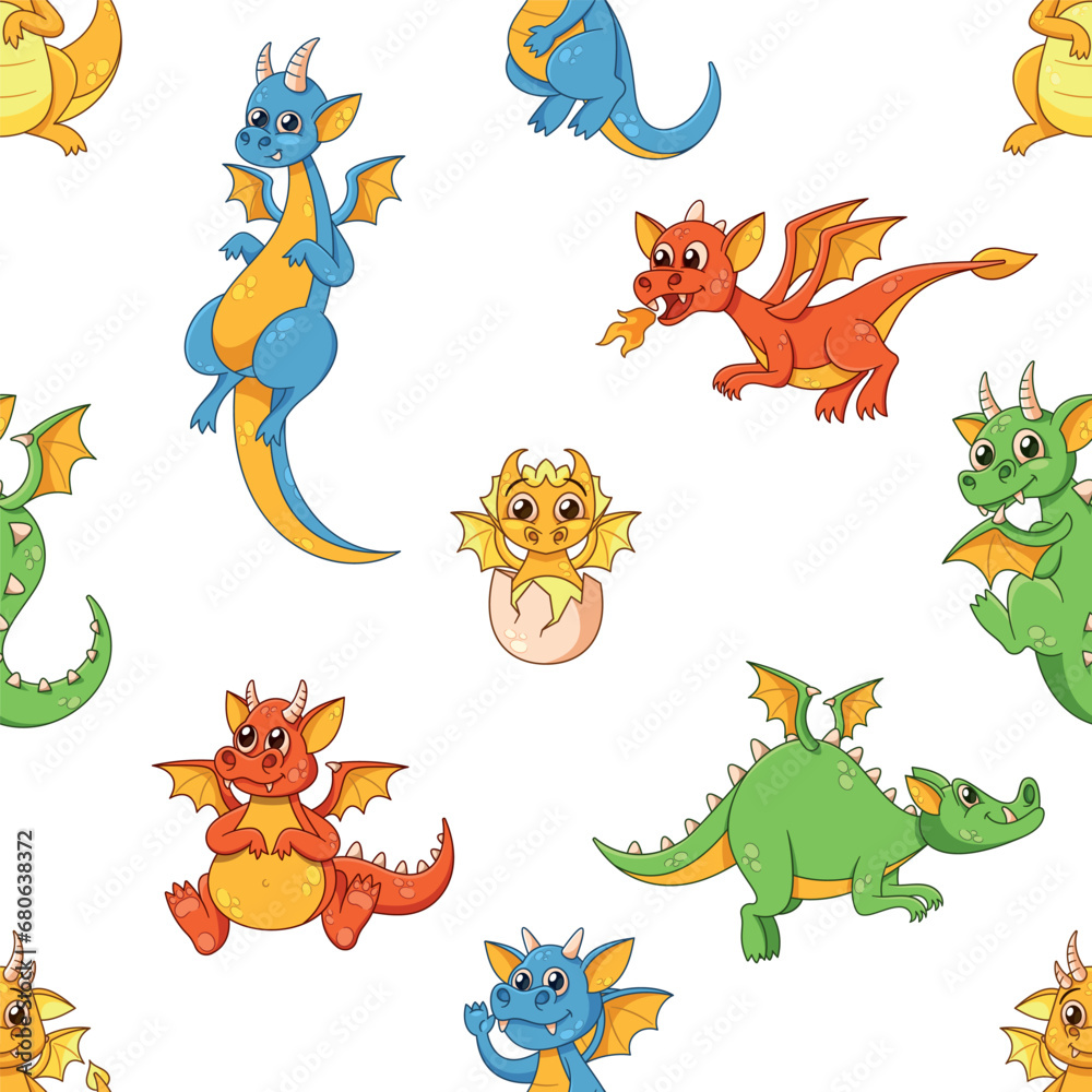 Obraz premium Delightful Seamless Pattern Featuring Adorable Cartoon Dragon Characters In Vibrant Colors, Playfully Intertwined