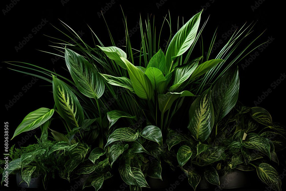 Green leaves on a black background. Generative Ai Green leaves on a black background. Generative Ai