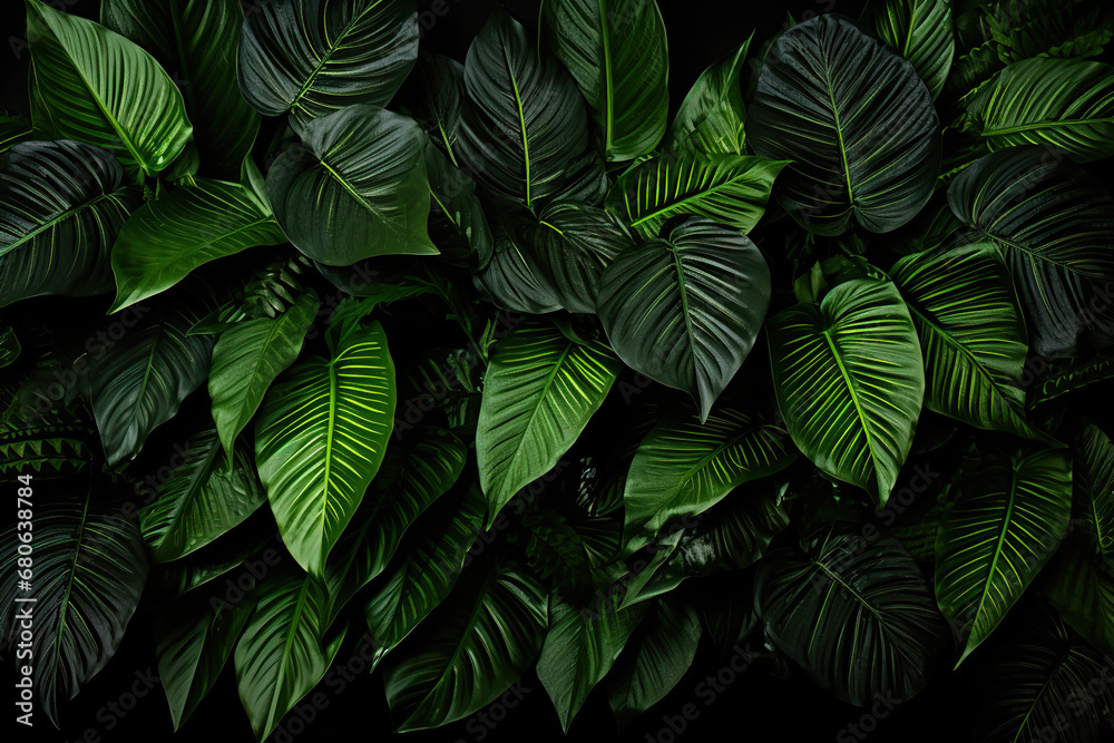 Green leaves on a black background. Generative Ai