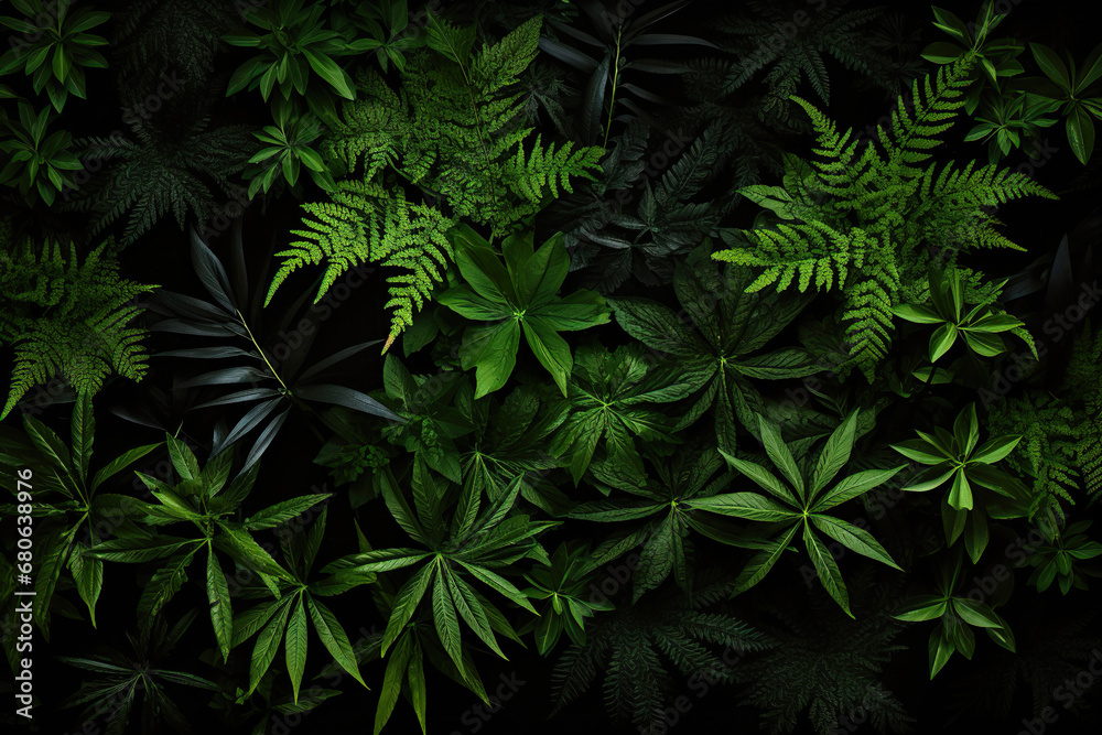 Green leaves on a black background. Generative Ai