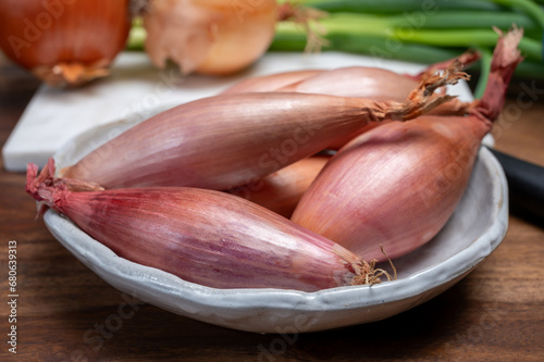 French long pink shallots grappe onion from Brittany, France