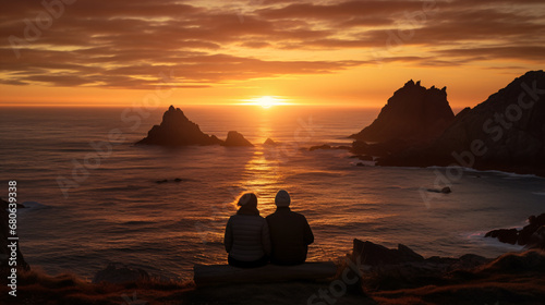 The vivacious snapshot encapsulates joy as the pair hug joyously while witnessing the fiery dawn above the sea.