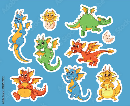 Set of Stickers Cute Cartoon Dragons With Vibrant Scales And Playful Expressions. Whimsical Winged Personages