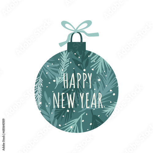 Christmas and Happy New Year ball with flowers. Isolated illustration. Vector design
