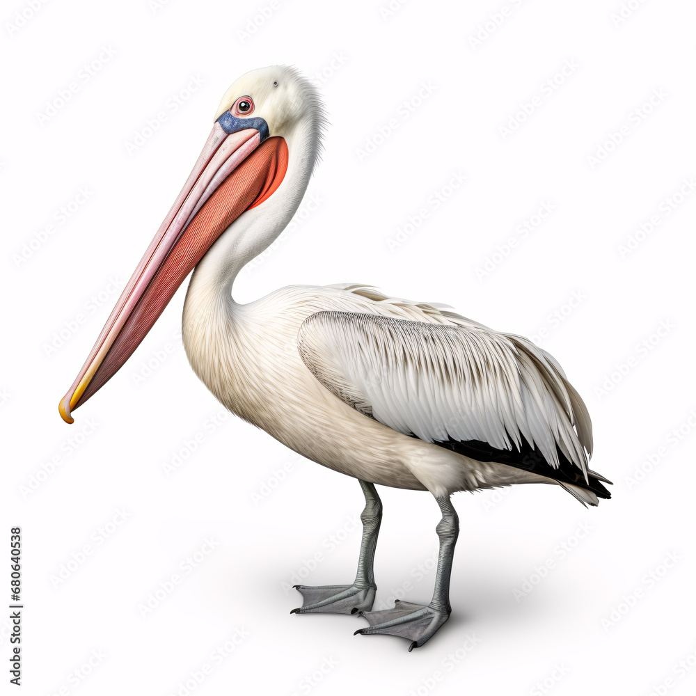 A solitary, colossal pelican on a pristine white canvas. A solitary, colossal pelican on a pristine white canvas.