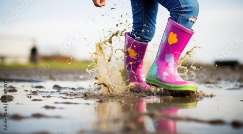 child wearing green and pink rain boots jumping