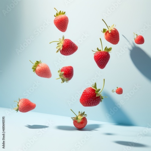 Strawberry flying on a bright paper background. only one hard shadow from sunlight