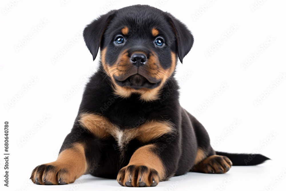 A pup Rottweiler stands against a pallid backdrop. A pup Rottweiler stands against a pallid backdrop.