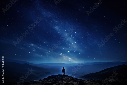 person standing on hill with milky way on sky stargazing