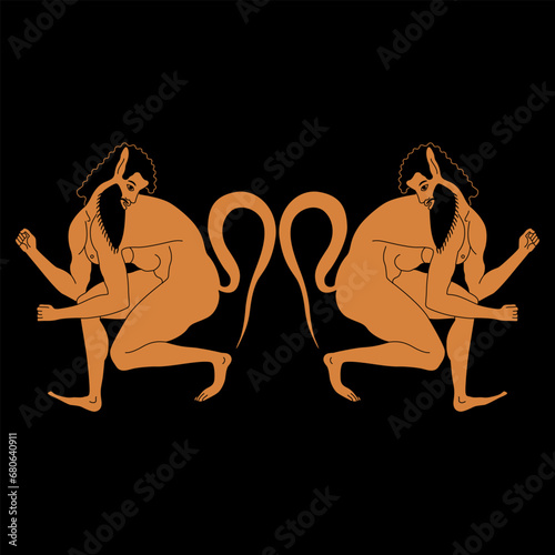 Symmetrical ethnic design with two squatting ancient Greek satyrs. Vase painting style.