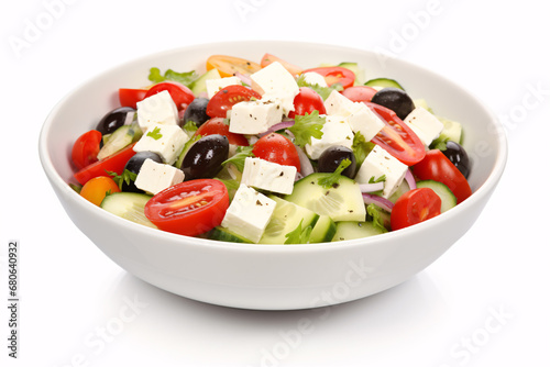 A Greek salad of cheese and crisp veggies isolating on a white backdrop.