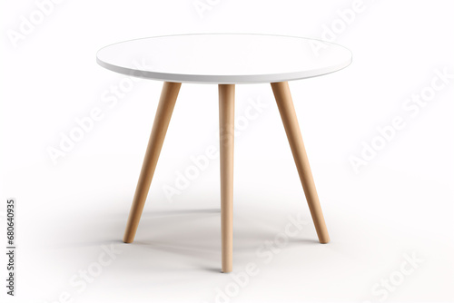 A three-legged, petite, circular white espresso table is situated on an unadulterated backdrop. photo