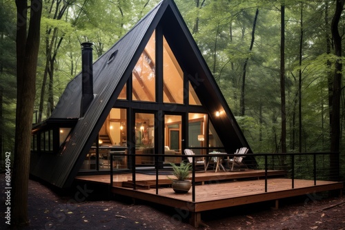 modern wooden black cabin in the woods
