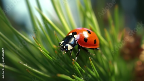 ladybug on green grass with dew drops macro close up