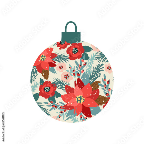 Christmas and Happy New Year ball with flowers. Isolated illustration. Vector design