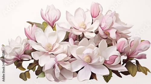 A beautiful cluster of white and pink magnolias, radiating purity and grace on a white background.