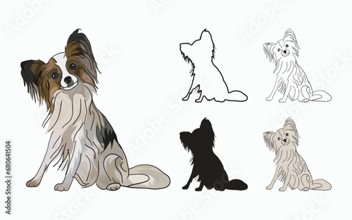 Papillon drawing art. Cute dog character in a sitting pose, designs for printing, cute cartoon vector set. Stickers collection, silhouette, outline, contour, one color papillon body shape. Coloring.
