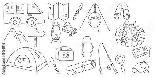 Camping and hiking adventure kit hand drawn illustrations