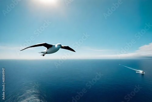 A curious albatross gliding effortlessly over the vast expanse of the open ocean  wings outstretched.