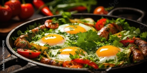 Sizzling Harmony - Perfectly Fried Eggs and Juicy Sausages Dancing in Green Salsa Euphoria. Selective Focus Captures Every Delicious Detail