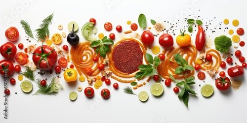 Culinary Canvas - Top View of Vibrant Raw Cherry Tomatoes  Surrounded by an Array of Spices and Macaroni  Creating a Feast for the Eyes on a Clean White Background