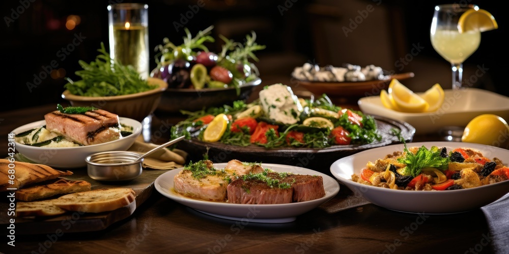 Mediterranean Feast - Revel in the Rich Traditions of Turkish and Greek Dining. A Table Adorned with Specialties, Accompanied by the Unique Elegance of Raki and Ouzo
