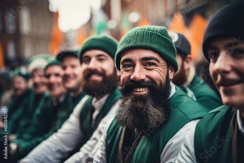 Man wearing green clothes participating in Saint Patrick's Day parade in Irish town. photo