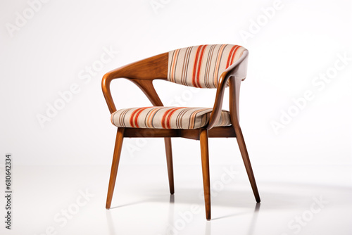 A fabric-and-wooden chair sits alone against a white backdrop  presented from an altered viewpoint.