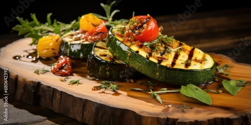 Cedar-Infused Culinary Art - Grilled Zucchini Perfection on a Cedar Plank  Surrounded by a Symphony of Fresh Ingredients